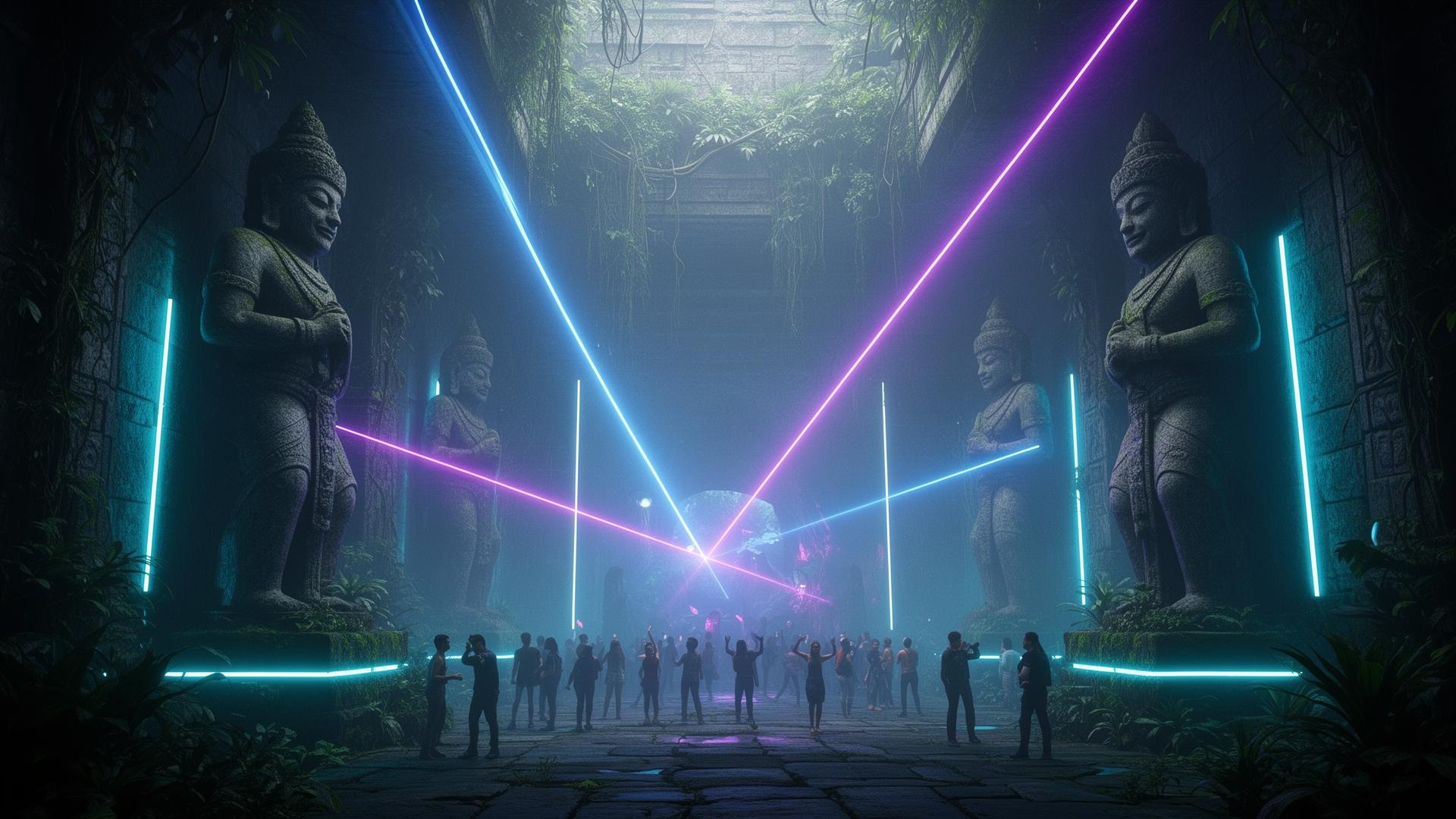 Cinematic jungle temple with violet and cyan laser beams cutting through fog